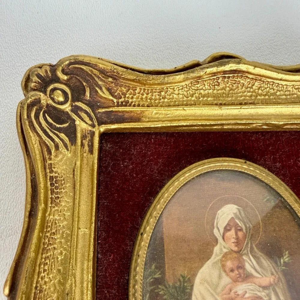 Madonna and Child Framed Religious Art Gold Ornate Velvet Matting Vintage